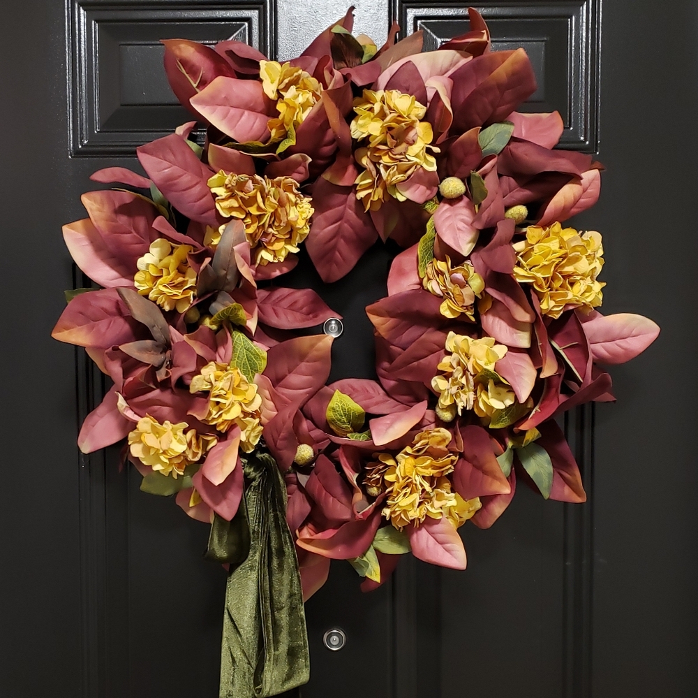 Lush Hydrangea Grapevine Wreath Burgundy Laurel Leaves Velvet Sash